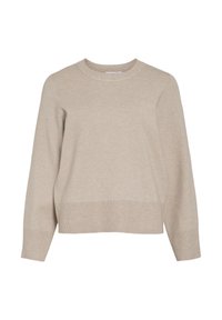 Beiger Strickpullover, runder Ausschnitt, lange Ärmel, gerippter Saum, weiche Textur, lässige Passform, minimalistisches Design ohne sichtbare Muster oder Akzente.