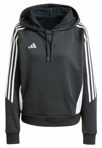 Černá mikina s kapucí a bílými pruhy na rukávech, přední kapsou, nastavitelnou šňůrkou a logem na hrudi. Měkký materiál z bavlněné směsi.