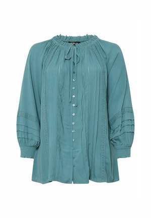 Teal blouse with a gathered neckline, long puff sleeves, button front, and textured patterns along the sides and sleeves. Soft, lightweight fabric.