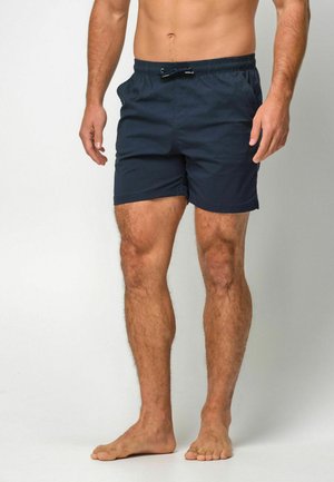 Marineblauwe zwembroek van sneldrogend materiaal, met een tailleband met trekkoord en zijzakken; korte lengte en een gladde textuur.