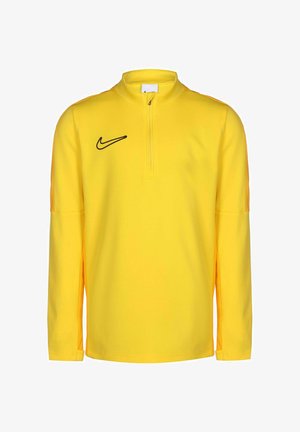 Haut à manches longues jaune avec un col zippé au quart. Présente un logo Nike noir sur la poitrine et des accents orange texturés sur les manches.