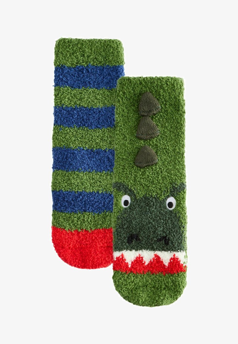 Grønne og blå stribede sokker med en struktureret overflade. Den ene sok har et dinosauransigt med øjne, tænder og pigge; den anden har striber.