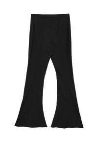 Schwarze, weit ausgestellte Hosen aus glattem Stoff, mit einem weiten Bein-Design und vertikalen Nähten für ein elegantes Erscheinungsbild.