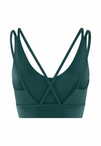 Tume roheline spordirinnahoidja sügava V-kaelusega ja kahe õhukese ristuvate rihmadega taga, mille all on lai toetav riba rindkere all.