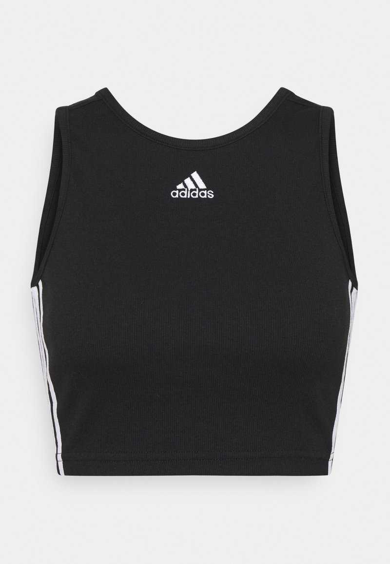 Haut court de sport noir en tissu côtelé, avec un col rond, un logo adidas blanc et des bandes blanches sur les côtés.