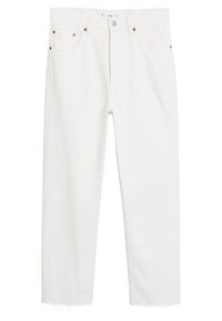 Jeans in denim bianco con design a gamba dritta, caratterizzati da rivetti in rame, chiusura con bottone e dettagli sfrangiati sull'orlo.