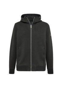 Black zip-up hoodie, made of soft fabric, featuring a lined hood, side pockets, and textured cuffs and hem for added detail.
