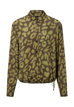Braunes Hemd mit Knöpfen, das ein grünes Blumen- und Tiermuster aufweist. Es hat einen lässigen Schnitt, einen elastischen Saum und lange Ärmel. Schwarze Knöpfe sind enthalten.