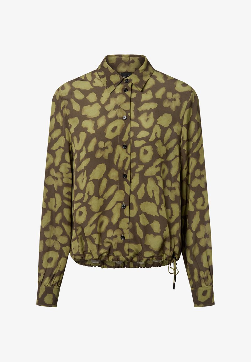 Braunes Hemd mit Knöpfen, das ein grünes Blumen- und Tiermuster aufweist. Es hat einen lässigen Schnitt, einen elastischen Saum und lange Ärmel. Schwarze Knöpfe sind enthalten.
