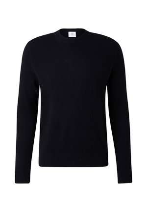 Černý pletený svetr s dlouhými rukávy, kulatým výstřihem a žebrovanými manžetami a lemem. Hladká textura, minimalistický design a bez viditelných vzorů.