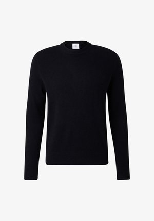 Zwarte gebreide trui met lange mouwen, ronde hals en geribbelde boorden en zoom. Gladde textuur, minimalistisch ontwerp en zonder zichtbare patronen.