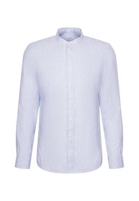 Chemise homme bleu clair à boutons, fines rayures verticales, col mandarin, manches longues et poche poitrine.