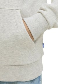 Sweatshirt gris clair avec des poignets côtelés et un détail de poche. Texture douce, design décontracté, avec une étiquette de logo visible près de la couture latérale.