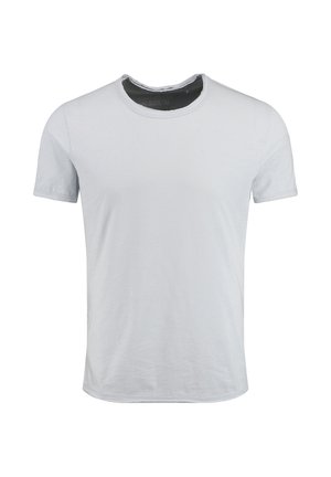 Helles graues Baumwoll-T-Shirt, kurze Ärmel, Rundhalsausschnitt, glatte Textur, einfaches Design und gerader Saum. Größe M Etikett auf der Innenseite sichtbar.