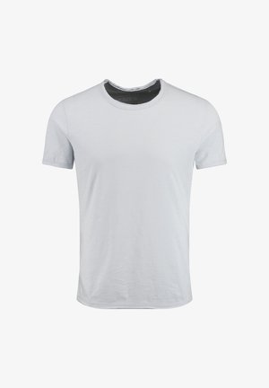 Helles graues Baumwoll-T-Shirt, kurze Ärmel, Rundhalsausschnitt, glatte Textur, einfaches Design und gerader Saum. Größe M Etikett auf der Innenseite sichtbar.