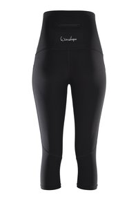 Črne visok pas šešire iz raztegljive tkanine z žepom na zadrgo na hrbtni strani. Imajo podrobnosti šivov in gladko teksturo.