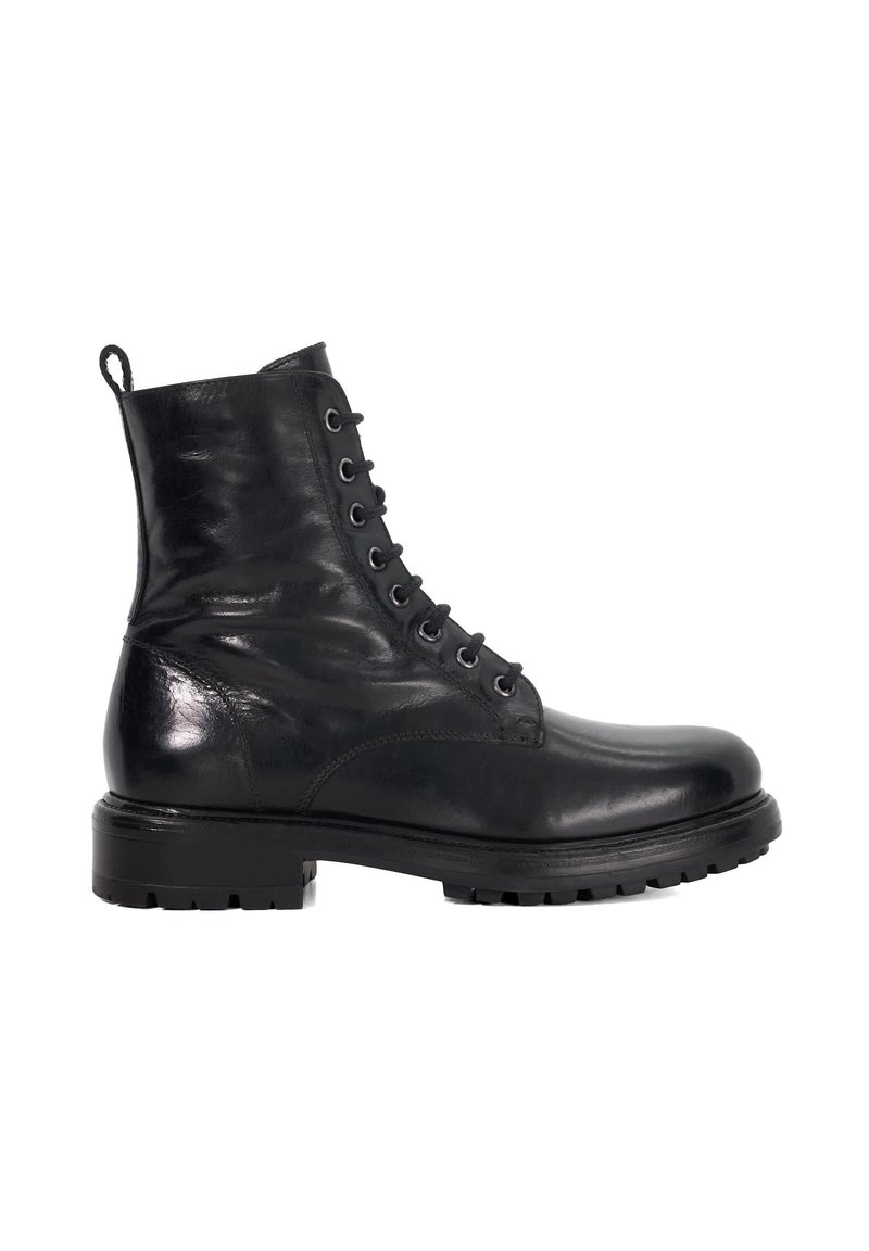 Black leather lace-up combat boot with thick rubber sole and pull tab at heel, shown from the side on a white background.