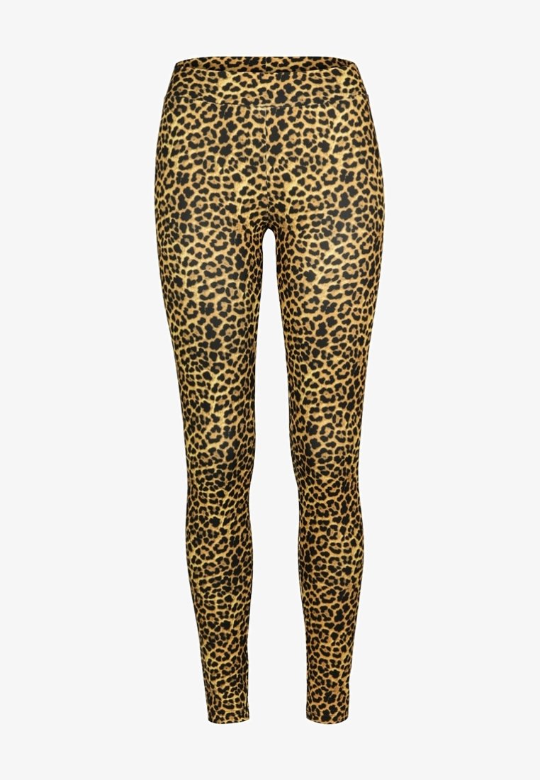 Leggings en imprimé léopard en tissu extensible, avec une taille haute, dans des teintes de noir et de beige, au toucher lisse.