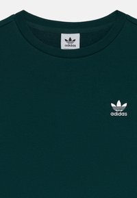 Tumši zaļš kokvilnas T-krekls ar apaļu apkakli, kas apdedzināts ar baltu izšūtu Adidas logo kreisajā krūtī. Gluda tekstūra.