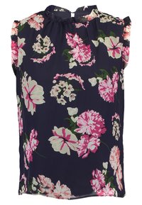 Hedvábná blůza v námořnické modři s růžovými a bílými květinovými vzory, s volánkovým výstřihem a krátkým rukávem. Lehký a vzdušný design.