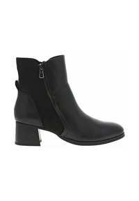 Bottines noires en cuir avec fermeture éclair sur le côté et panneau arrière texturé. Elles disposent d'un talon bloc et d'une conception de bout arrondi lisse.