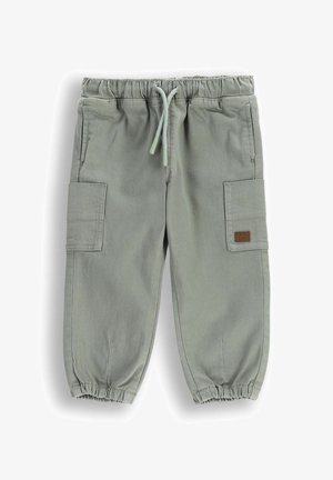 Jasnozielone spodnie cargo wykonane z miękkiego materiału, z elastycznym paskiem w talii, sznurkiem ściągającym oraz dwiema bocznymi kieszeniami z przeszyciami.