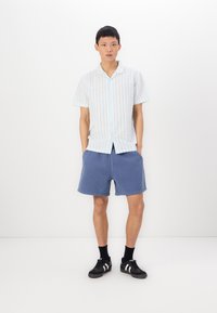 Camicia a maniche corte in tessuto a righe blu chiaro e bianco, abbinata a pantaloni corti blu. Sneakers nere con strisce bianche completano il look.