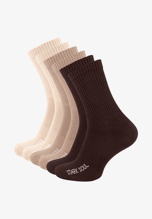 Set di quattro paia di calzini a costine in tonalità beige e marrone, caratterizzati da un tessuto testurizzato e un logo sulla caviglia. Il materiale è una morbida miscela di cotone.