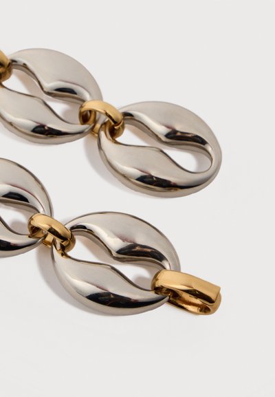 Παχιά αλυσίδα από ασημένιες και χρυσές συνδέσεις με λεία, στρογγυλεμένα σχήματα και γυαλιστερές μεταλλικές επιφάνειες πάνω σε απλό λευκό φόντο.