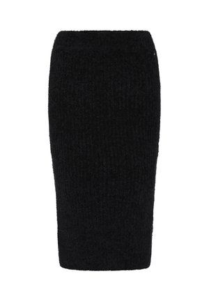 Črna pletena krila s prilegajočo silhueto, ki ima teksturirano površino in enotno barvo. Brez vidne strojne opreme ali vzorcev.