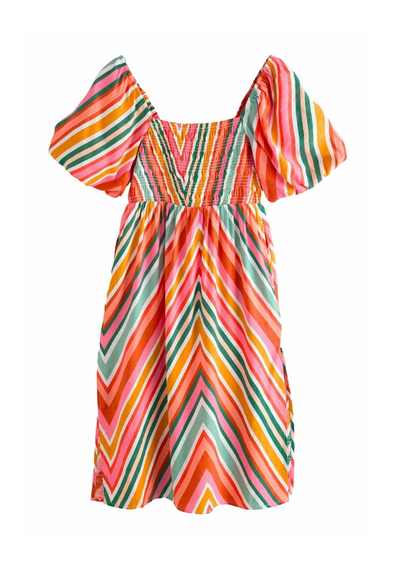 Robe courte à manches bouffantes avec des rayures chevron multicolores en rose, orange, vert et blanc, corsage froncé, jupe évasée, aucun mannequin visible.