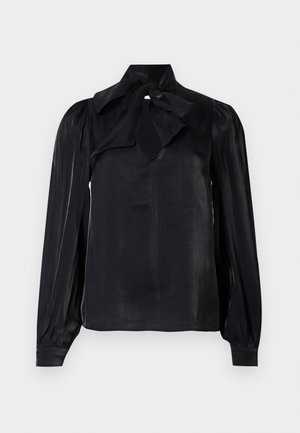 Blusa nera con colletto a fiocco e maniche lunghe. Realizzata in tessuto liscio con una leggera lucentezza. Presenta una scollatura a chiave e maniche con polsini.