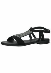 Black suede sandal featuring a wide strap with rhinestone accents, open-toe design, and multiple adjustable straps for secure fit.