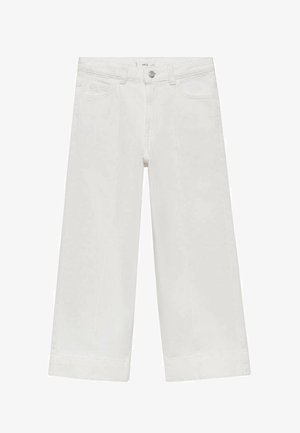 Weiße Schlagjeans aus Denim mit Knopfverschluss, fünf Taschen und sauberem Saum. Keine sichtbaren Muster oder Akzente.