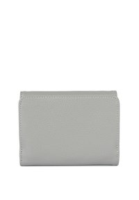 Portafoglio in pelle grigia con texture a ciottoli, forma rettangolare, bordi arrotondati e dettagli di cucitura a contrasto lungo le cuciture.