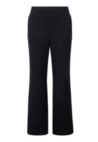 Marinblå byxor med vertikala vita ränder, vida ben, elastisk midja och slät textur.