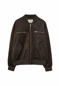 Brązowa skórzana kurtka bombowca z prążkowanym kołnierzem, zamkami błyskawicznymi na kieszeniach na piersi oraz kieszeniach bocznych. Posiada elastyczne mankiety i dół.