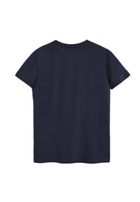 Mörkblå kortärmad t-shirt i bomull med ribbad rundhalsning och rak fåll, med en slät textur.