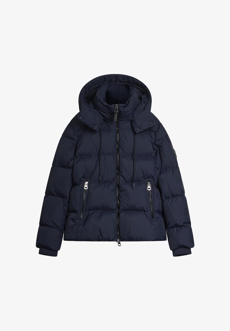 Mornarska puf jakna koja sadrži kapuljaču, zatvarač sprijeda i dva bočna džepa sa zatvaračem. Dizajn ima kviltanu teksturu i skraćeni kroj.