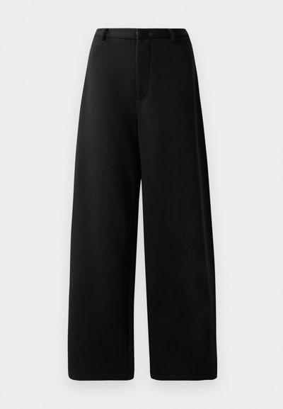 Black wide-leg trousers made of smooth fabric, featuring a flat front, belt loops, and a zip fly; no visible pockets or hardware details.