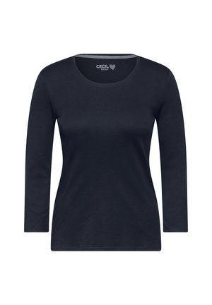 Marineblaue Langarmshirt aus weichem, glattem Stoff; hat einen runden Halsausschnitt und ein schlichtes, körperbetontes Design ohne sichtbare Muster.