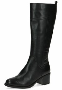 Bota de cuero negro hasta la rodilla con un acabado suave, punta redonda y tacón bajo tipo bloque. Presenta un sutil detalle de costura y una pestaña en la parte superior para tirar.