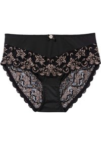 Slip in pizzo nero con motivo floreale, bordo in pizzo e un accento in raso a fiocco sul davanti. Tessuto liscio con bordi scallop.