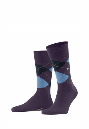 Calzini viola con motivo a rombi argyle con diamanti blu e neri. Realizzati in tessuto liscio, con polsino a coste e logo sul lato.