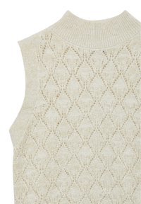 Top senza maniche in maglia di colore bianco sporco, caratterizzato da un motivo a rombi, collo a coste e una consistenza morbida. Ideale per sovrapporre o per un look casual.