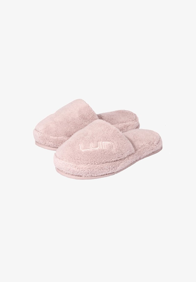 Rosa fluffiga tofflor med ett mjukt textiltöverdrag, öppen design och texturerad sula. Har logodetaljer framtill.