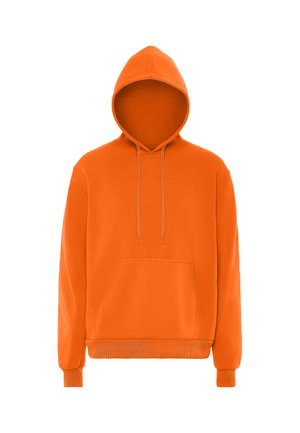 Hellorangener Kapuzenpullover mit Fronttasche und Kordeln, langen Ärmeln sowie gerippten Bündchen und Saum.