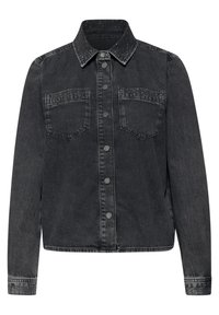 Black denim jacket with a classic collar, two chest pockets, and stud embellishments on the collar. Features front button closure and long sleeves.