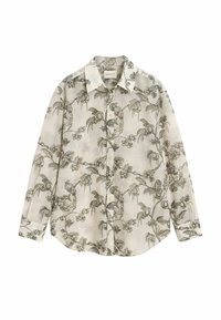 Langärmeliges Button-up-Hemd in hellem Beige mit dunkelgrünem Blumen- und Laubdruck. Verfügt über einen klassischen Kragen und einen geraden Saum.