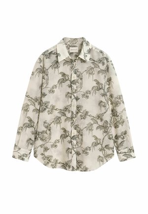Langärmeliges Button-up-Hemd in hellem Beige mit dunkelgrünem Blumen- und Laubdruck. Verfügt über einen klassischen Kragen und einen geraden Saum.